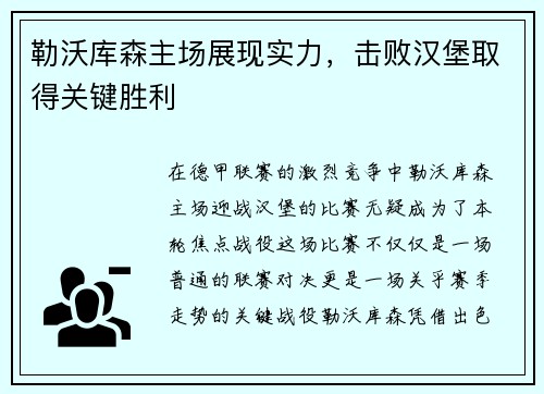 勒沃库森主场展现实力，击败汉堡取得关键胜利