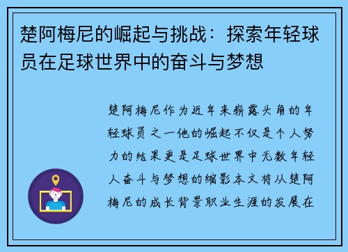 楚阿梅尼的崛起与挑战：探索年轻球员在足球世界中的奋斗与梦想