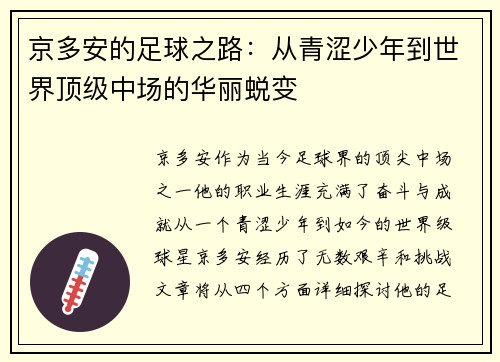 京多安的足球之路：从青涩少年到世界顶级中场的华丽蜕变