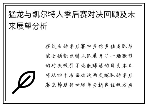 猛龙与凯尔特人季后赛对决回顾及未来展望分析