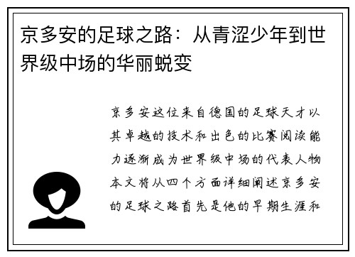 京多安的足球之路：从青涩少年到世界级中场的华丽蜕变