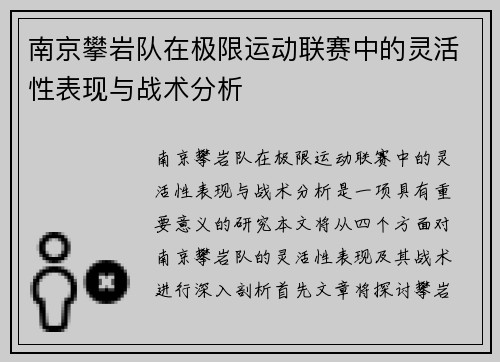 南京攀岩队在极限运动联赛中的灵活性表现与战术分析